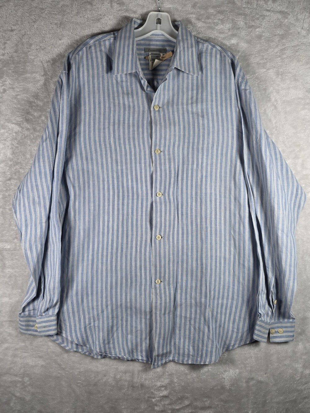 Zegna Sport Ermenegildo Sze M Mens 100% Linen Long Sleeve Button Up Blue Striped